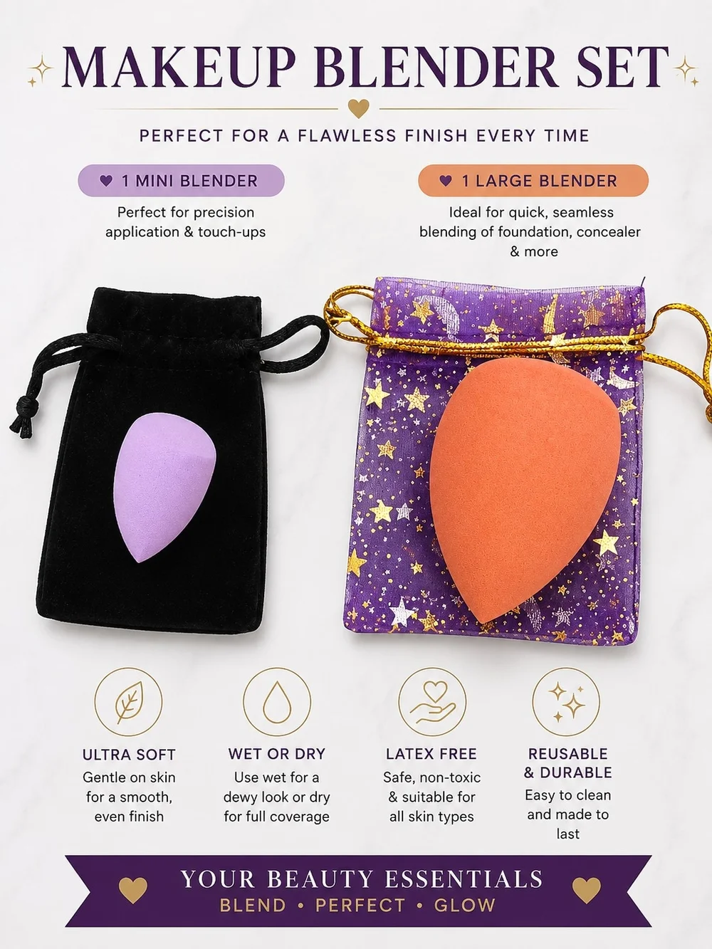Complete Beauty Kit - Pink Makeup Brush Set with Orange Blender And Much More